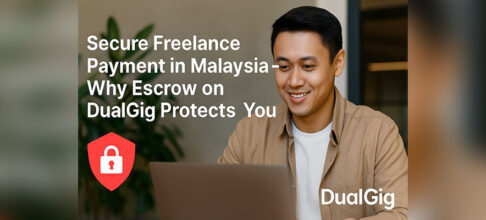 Young Malaysian freelancer smiling while using a laptop at a modern workspace, promoting secure freelance payments with DualGig's escrow system.