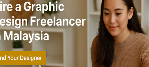 Creative Malaysian graphic designer working on laptop at home, offering freelance design services via DualGig platform