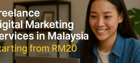 Malaysian freelance digital marketer working on a laptop, analyzing online ads and social media campaigns via DualGig platform