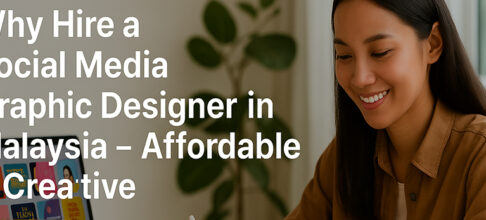 Malaysian social media graphic designer creating eye-catching visuals for Instagram and Facebook, using a tablet and laptop at home