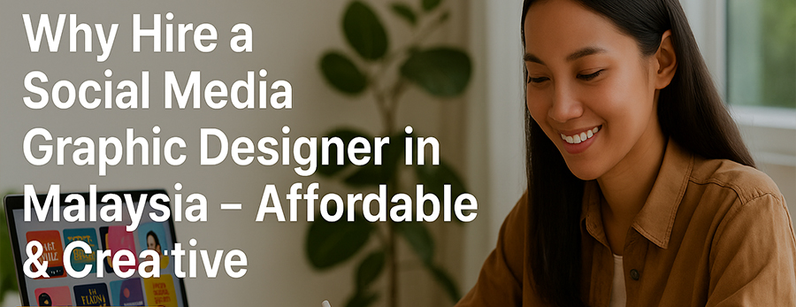 Malaysian social media graphic designer creating eye-catching visuals for Instagram and Facebook, using a tablet and laptop at home