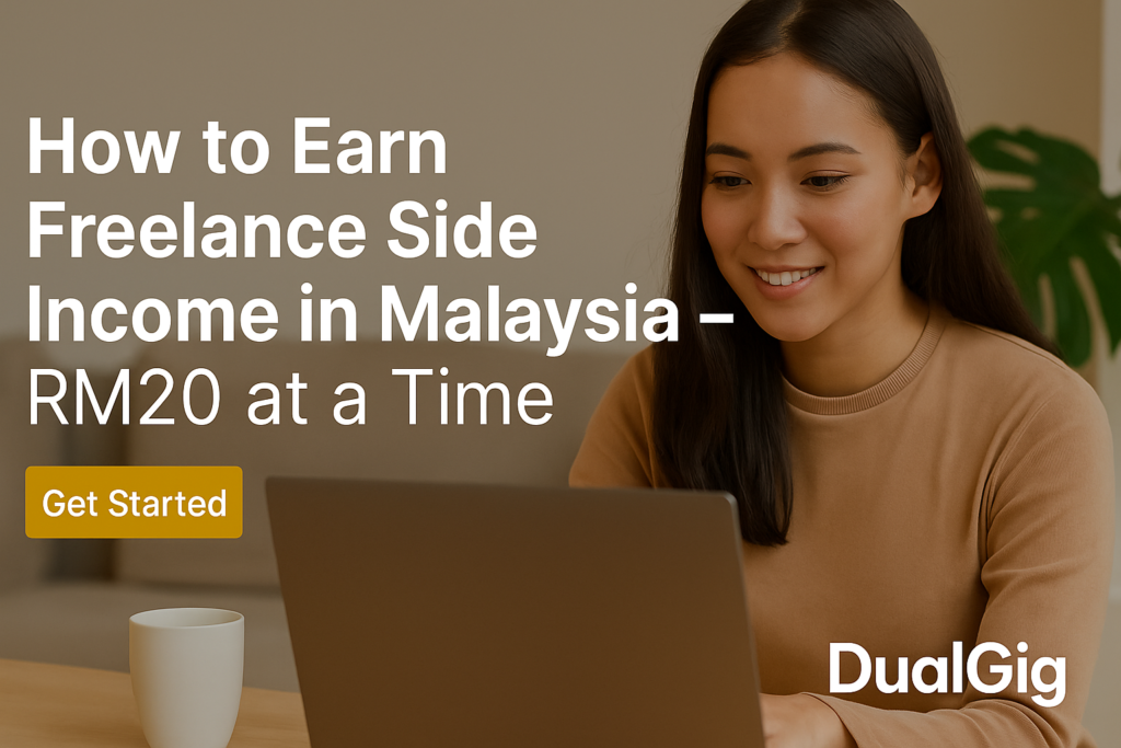 Young Malaysian freelancer working from home at a laptop, representing online side income through DualGig freelance gigs